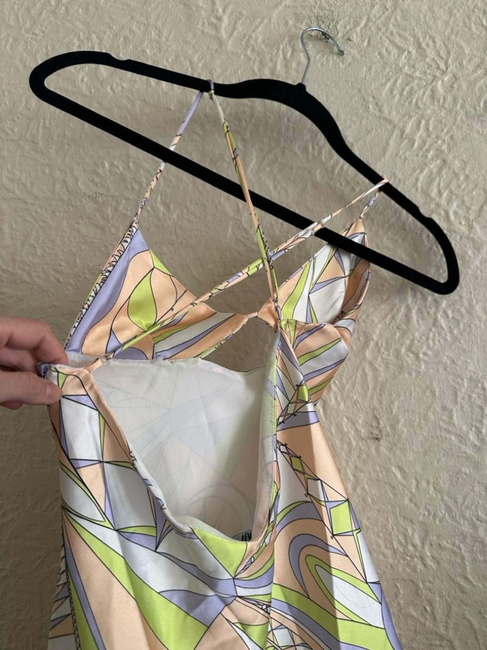 Zara Satin Cut Out Center Yellow Lilac Lime Pattern Mini Dress Medium - Picture 7 of 7